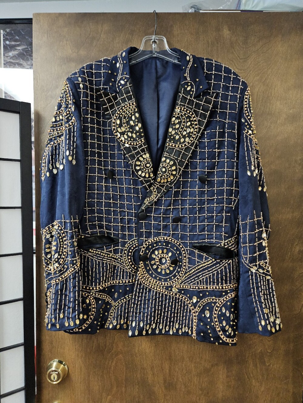 Hand Beaded Crystal And Glass beaded Tuxedo Jacket Double Breasted Navy Black 40